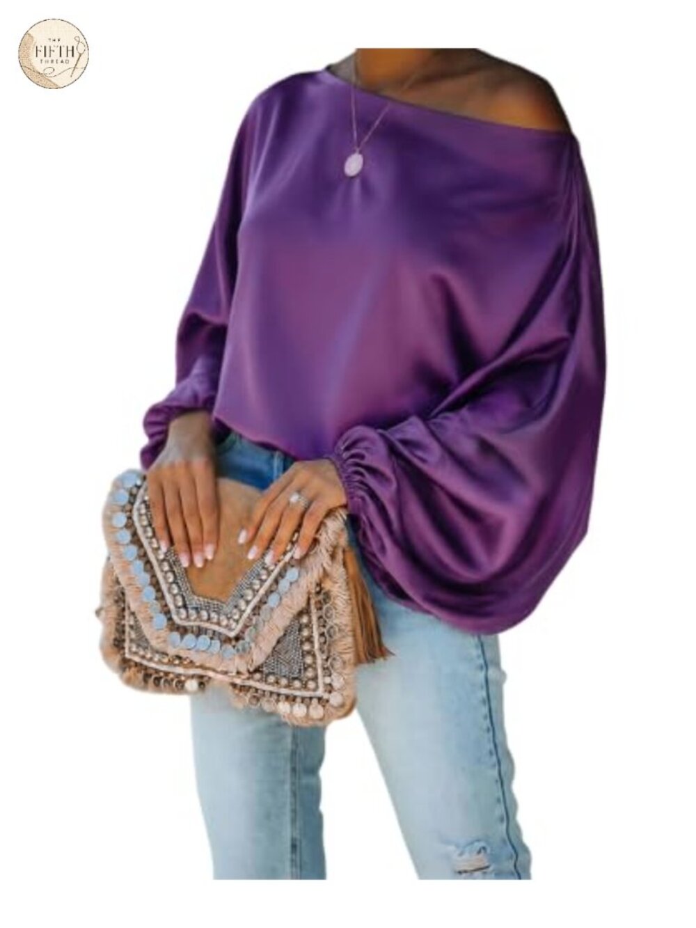 Satin Off Shoulder Top Skew Neck Lantern Sleeve Blouse